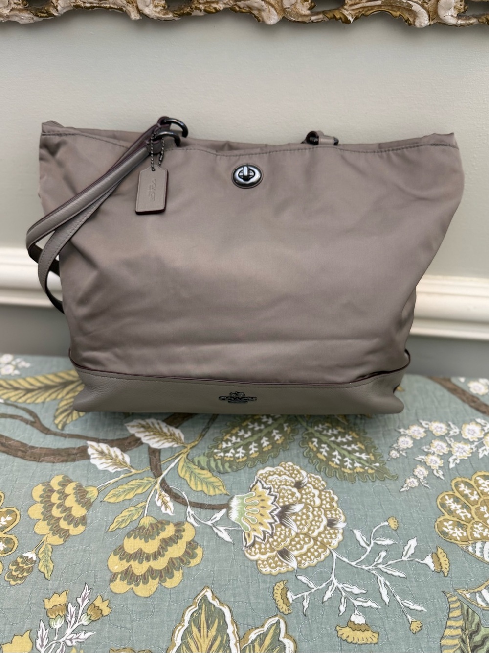 Coach Neutral Taupe Nylon Tote with Leather Trim